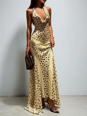 Leopard Halter Backless Fitted Maxi Dress