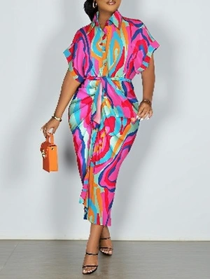 Colorful Print Short Sleeve Maxi Shir Dress