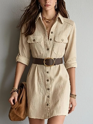 Elegant Belted Mini Long Sleeve Shirt Dress 