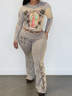 Mary Letter Printed Foldover Flared Pant Sets