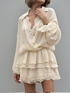 Lace Panel V Neck Lapel Tiered Mini Dress