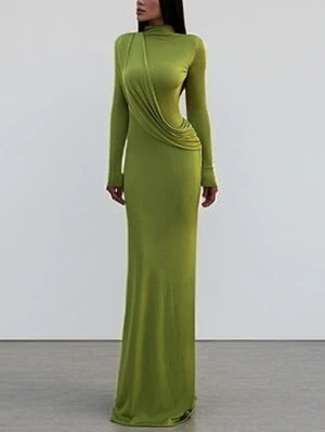 Ruched Highneck Fitted Backless Maxi Dress