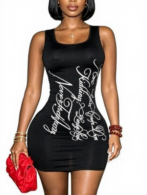 Letter Printed U Neck Sleeveless Mini Dress