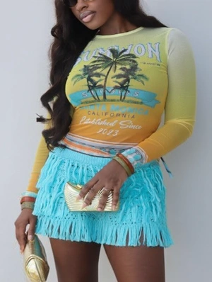 Palms Gradient Sheer Long Sleeve Tops