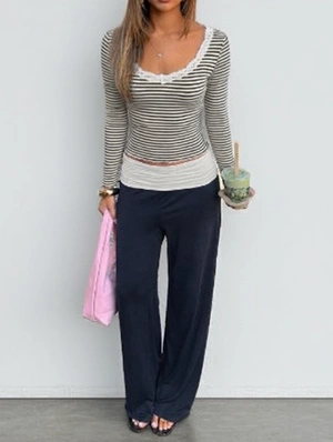 Lace Detail Striped Foldover Pant Sets