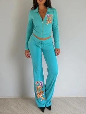 Dragon Floral Printed Zipper Lapel Tracksuit