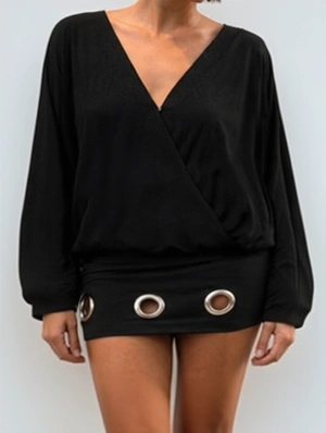 Eyelets Deep V Neck Long Sleeve Mini Dress