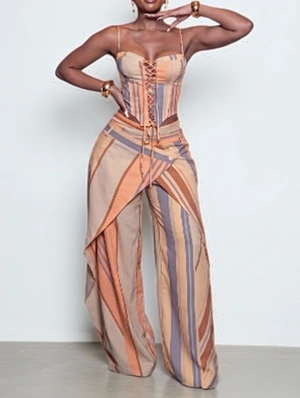 Striped Tie-wrap Cropped Wide Leg Pant Sets