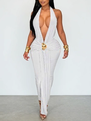 Ruched Halter Deep V Neck Backless Maxi Dress