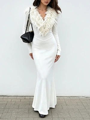 Fur Trim V Neck Long Sleeve Maxi Dress