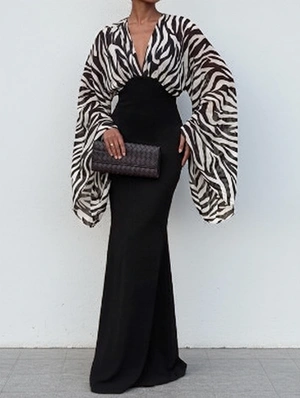 Zebra Deep V Neck Trumpet Sleeve Maxi Dress