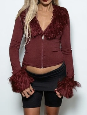 Fur Trim V Neck Lapel Zip-Up Fitted Tops