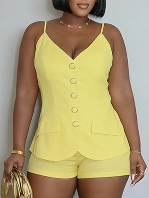 Casual Buckle V Neck Tank Short Sets