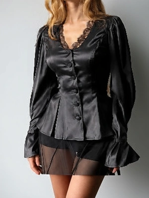 French Satin Lace Bubble Long Sleeve Blouse