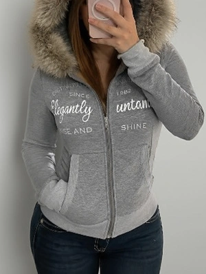 Retro Furry Hood Letter Print Zip Hoodie