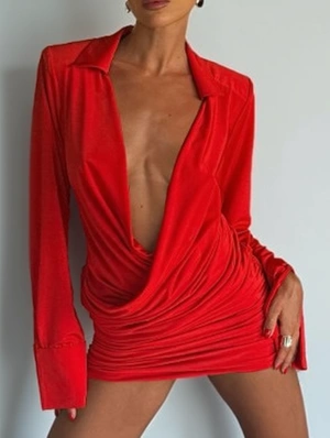 Ruched Deep V Neck Lapel Fitted Mini Dress