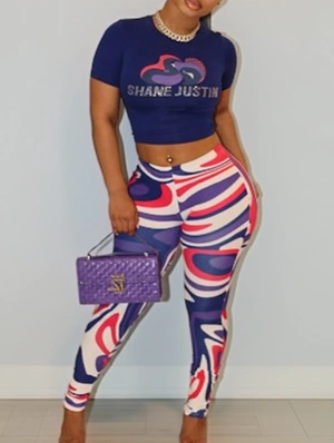 Rhinestones Baby Tee Contrast Ripple Pant Sets