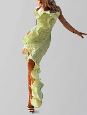 Irregular Ruched Strapless Fitted Maxi Dress