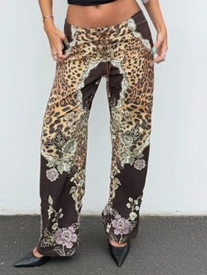 Leopard Floral Printed Tie-wrap Straight Pants