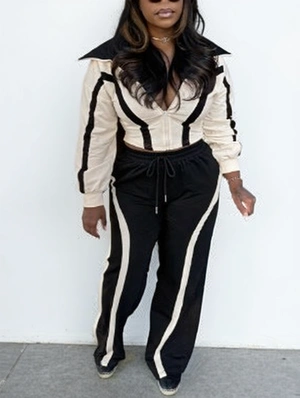 Striped Trim Zipper Lapel Jackets Pant Sets