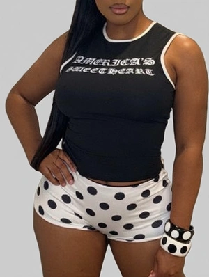 Letter Printed Tank Polka Dots Short Sets
