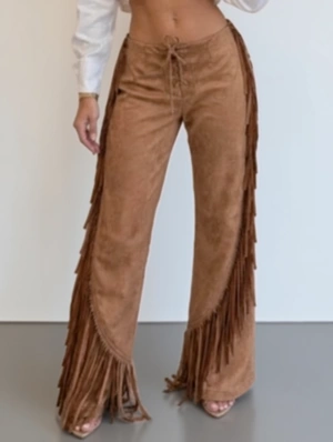 Fringe Suede Tie-wrap Flare Leg Pants