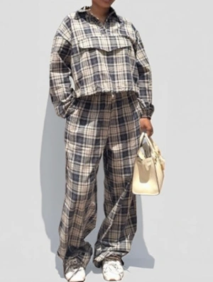 Plaid Raglan Lapel Sweatshirt Pant Sets
