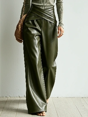 Cross Over High Waist PU Wide Leg Trousers