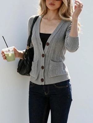Pure Color Long Sleeve Cardigan Design Tops