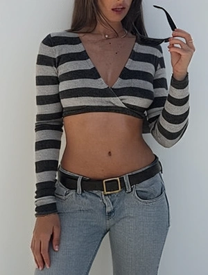 Printed V Neck Cropped Design Tops