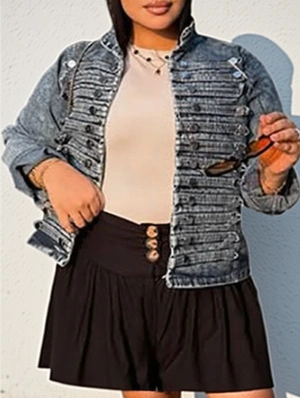 Military Double-Breasted Washed Denim Jackets