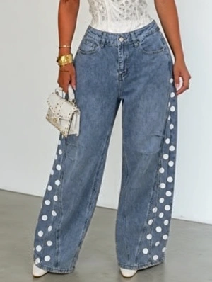 Polka Dots Washed Denim Wide Leg Jeans
