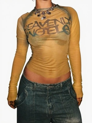 Letter Printed Sheer Long Sleeve Tops