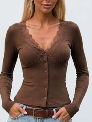 Lace Panel Ruched V Neck T-shirts