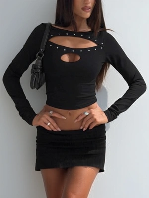 Hollow-out Rivet Boat Neck Bodycon T-shirts