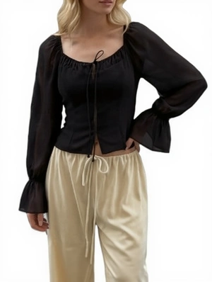 U Neck Long Sleeve Terylene Design Tops