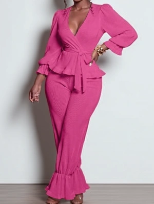 Ruffle V Neck Tie-wrap Shirt Pant Sets
