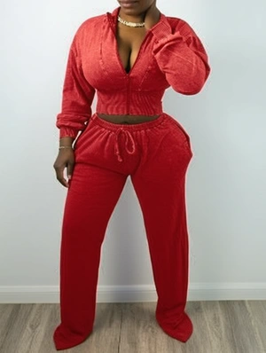 Washed Zipper Lapel Coats Pant Sets