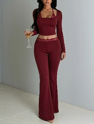  Lace Halter Long Sleeve Crop Top Pants Set