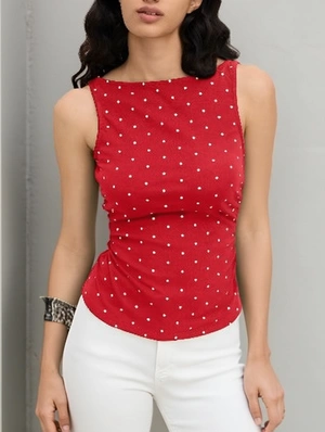 Polka Dot Boat Neck Ruched Sleeveless Cami Top