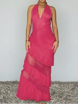 Ruffle Halter Backless Sheer Maxi Dress