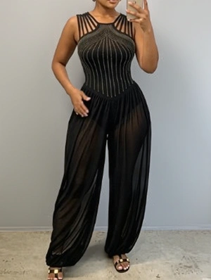 Embellished Sheer Gauze Sleeveless Jumpsuits