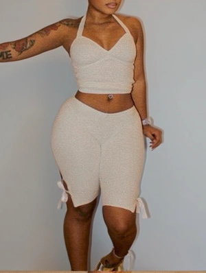 Halter V Neck Backless Lace-Up Short Sets
