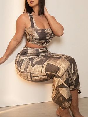 Abstract Printed Sheer Cropped Skirt Sets