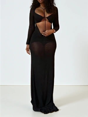 Irregular Hollow-out Sheer Fitted Maxi Dress