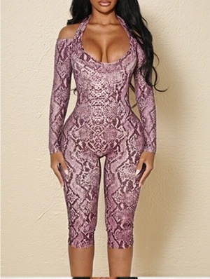 Snake Print Halter Off Shoulder Rompers