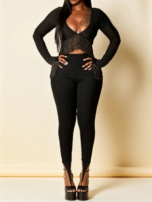 Fringe V Neck Cropped Leggings Sets