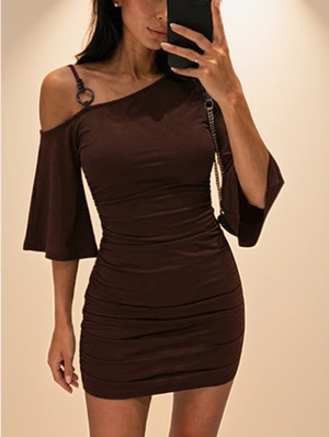 Inclined Shoulder Ruched Sheath Dress