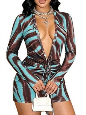 Deep V Neck Ruched Lace-Up Mini Dress