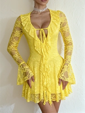Lace Panel Tie-wrap Ruffle Sheer Mini Dress